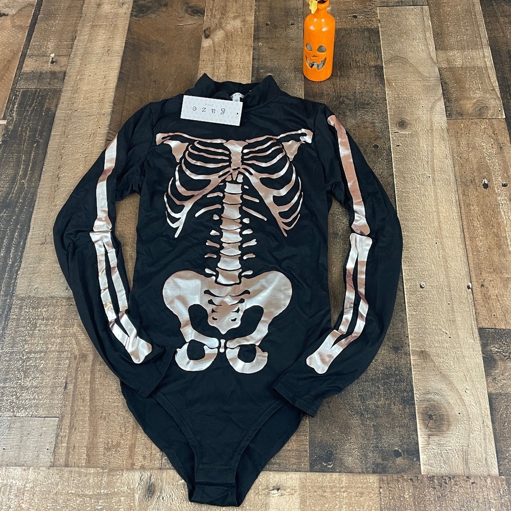 NWT Gaze DTLA Rose Gold Skeleton Mock Turtle Neck Black Body Suit